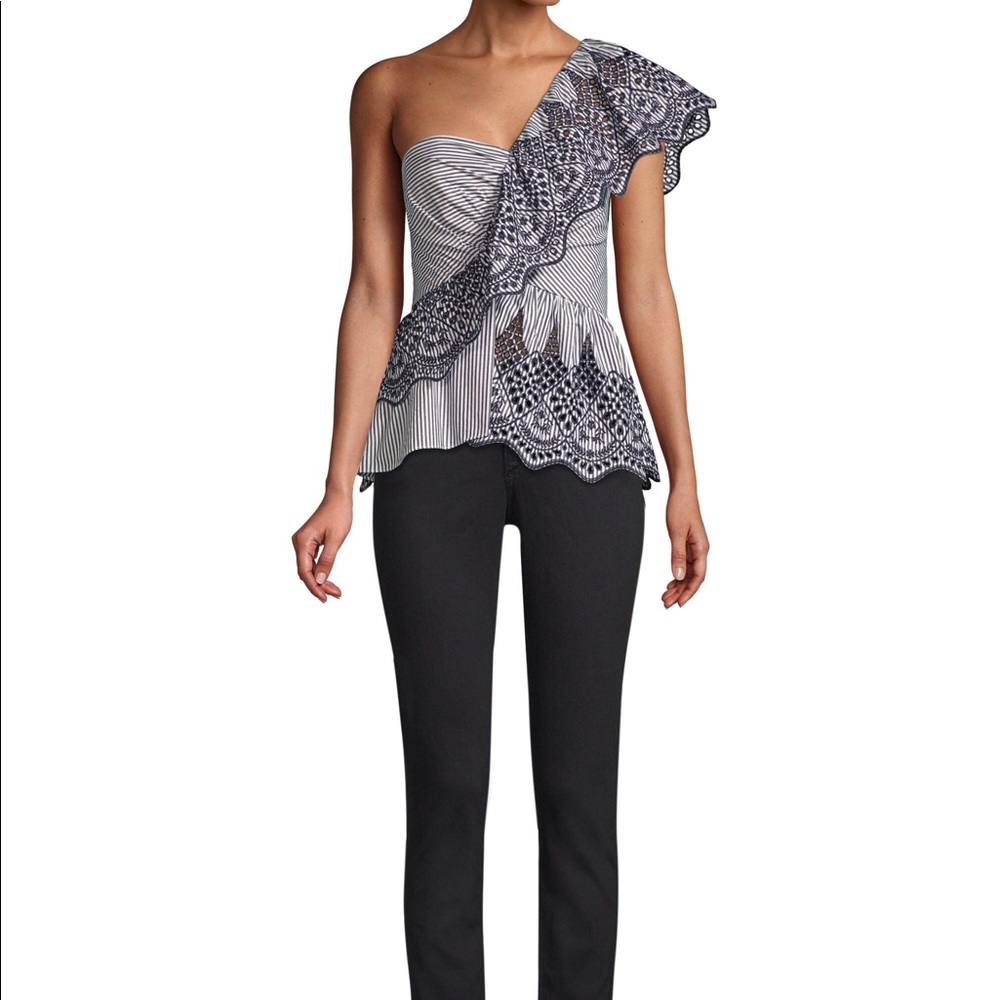 BcbgMaxAzria One-Shoulder Embroidered Peplum Top